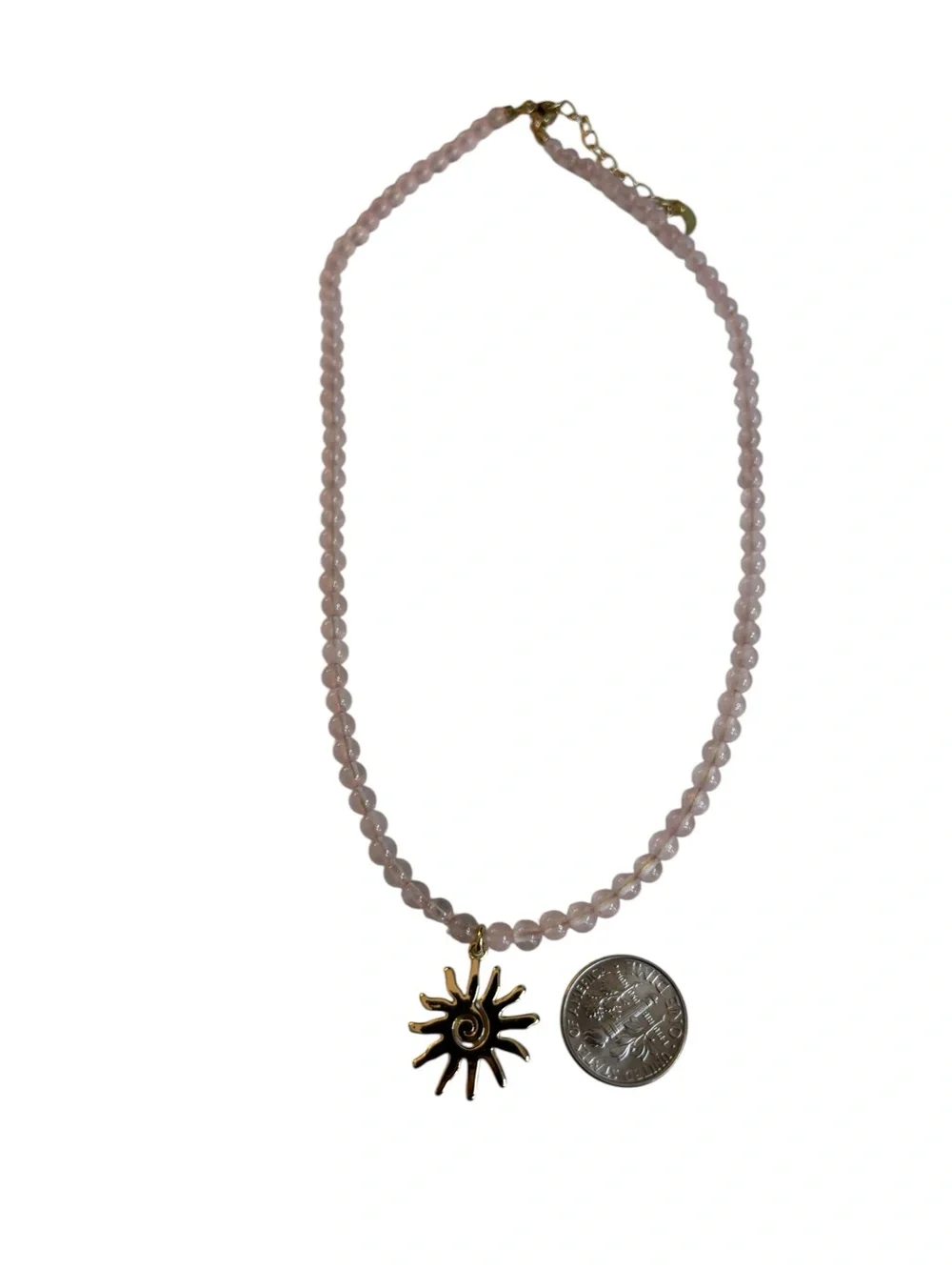 Luna Norte Genuine Rose Quartz Beaded Necklace w/ Brass Sun Pendant.